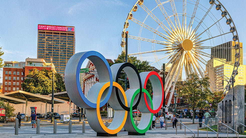 Atlanta Downtown Skyview Olympic Rings. Photo courtesy of Atlanta Convention & Visitors Bureau