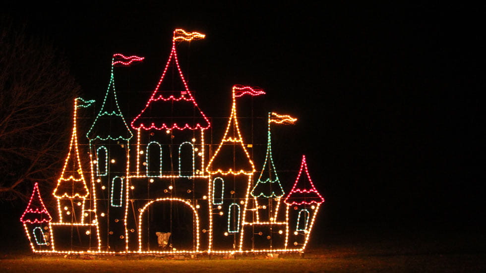 Castle in holiday lights from Lights on the Bay