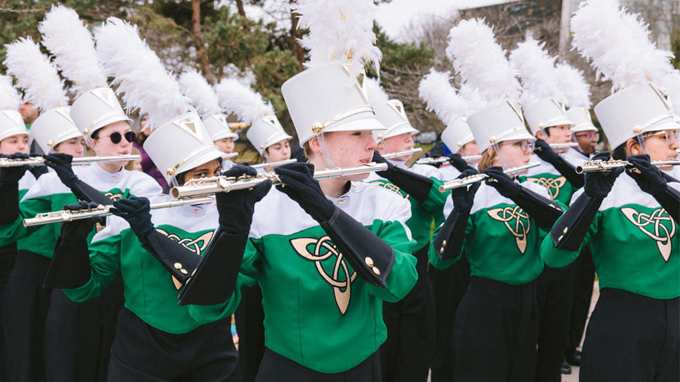 Marching band in Dublin, Ohio's St. Patrick's Day Parade