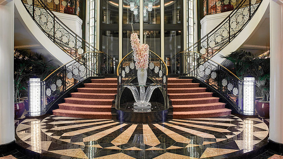 The Marinas Lalique Grand Staircase is a prelude to the elegance found throughout the ship