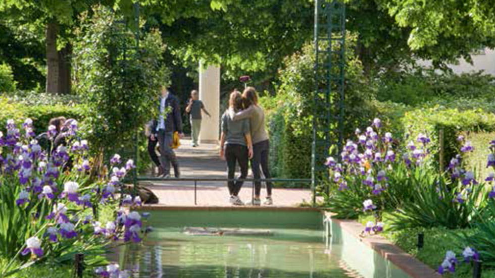 Irises revel in the shade and walkers keep cool near the fountains of the  Promenade Plantée. Photo courtesy of Paris Tourist Office