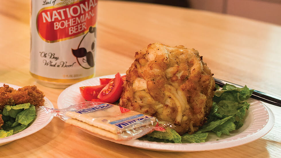 Faidley Seafood Crabcake and beer