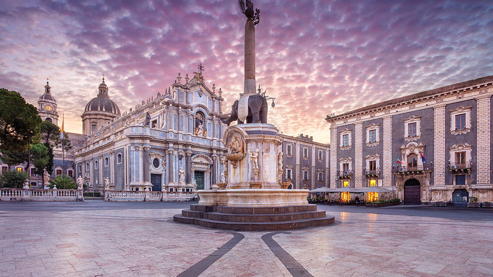 Catania’s Piazza del Duomo, home to the “elephant fountain” and the Cathedral of Saint Agatha. Photo by rudi1976/STOCK.ADOBE.COM