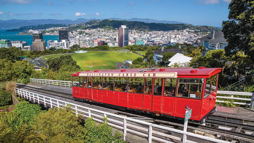 THe Wellington Cable Car whisks visitors up a hillside for a sweeping view of the city. Photo by Cmfotoworks/Stock.Adobe.com