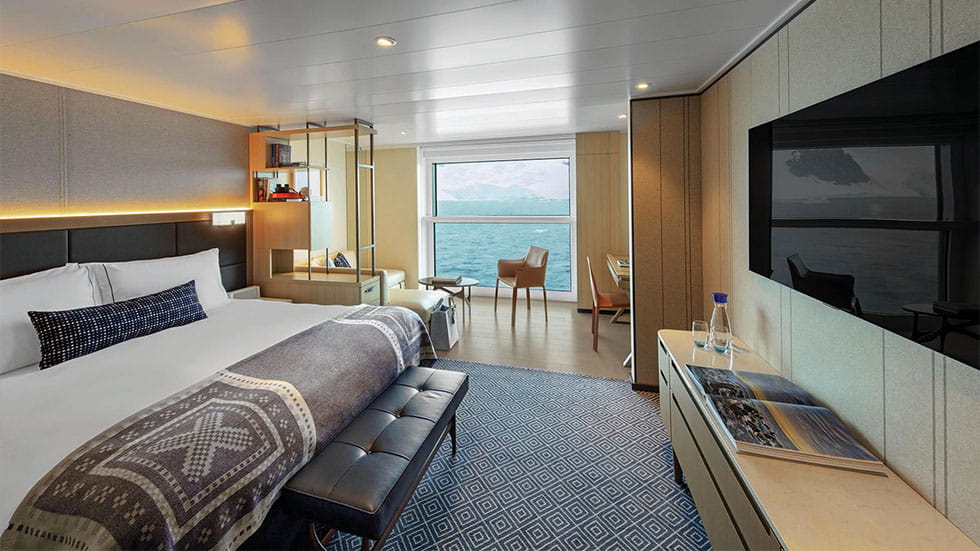 Like all Viking staterooms, this Junior Suite has a drop-down window. Courtesy of Viking Cruises