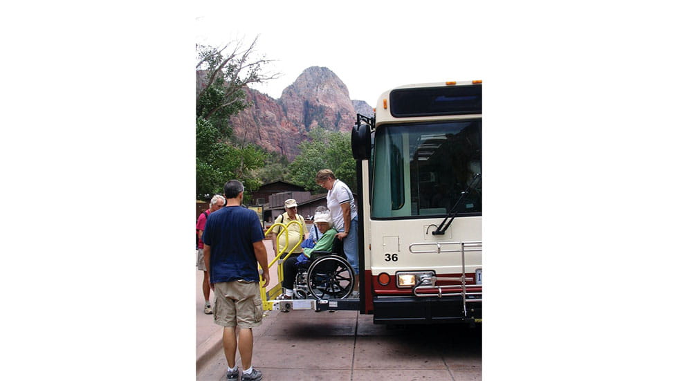 Wheelchair users can be accommodated by the shuttles at Zion. Photo courtesy of NPS