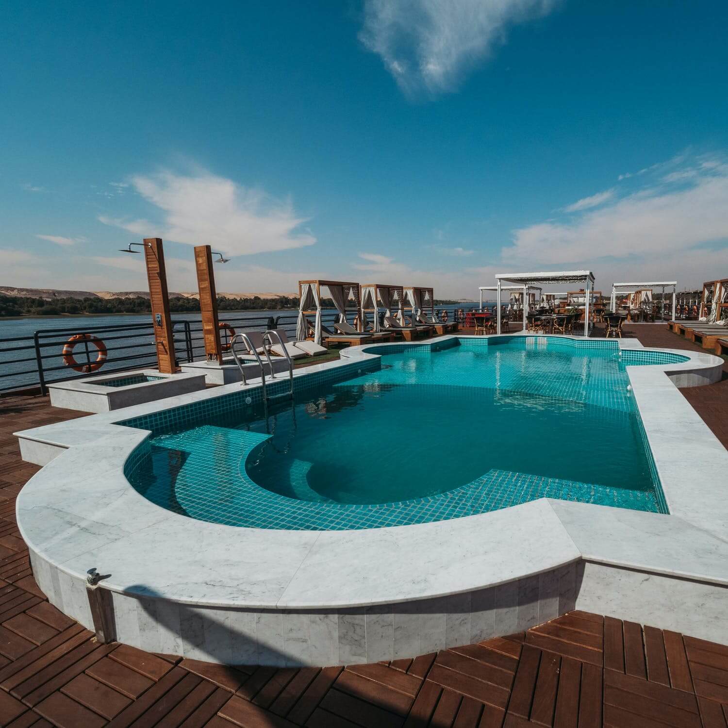 Outdoor pool on deck of a river cruise